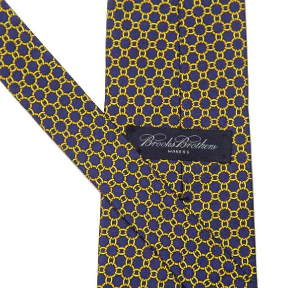 Brooks Brothers Italian Silk Tie Necktie Gold Yellow Blue Interlocking Rings - Picture 2 of 2